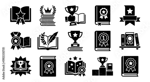 Black book award icons set, 15 academic achievement and literature competition symbols, trophy and medal library vector elements for education