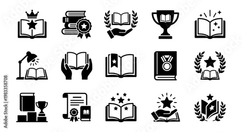 Educational book icons set, 15 black vector symbols for academic success and literature, library and school learning elements for web design