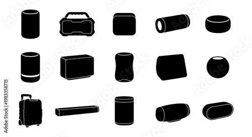 Portable Bluetooth speaker icon set, wireless audio device silhouettes, 15 modern electronic sound system vectors for music entertainment and technology
