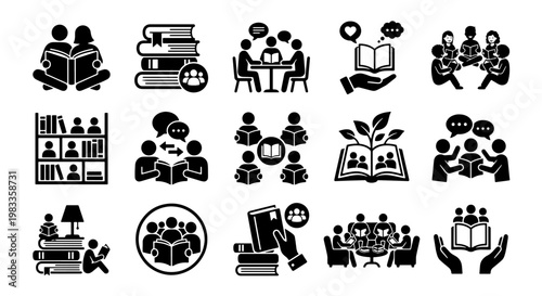 Book Club Icon Set, 15 Black Vector Pictograms for Reading Groups and Literature Discussion, Library and Education Symbols for Web Design