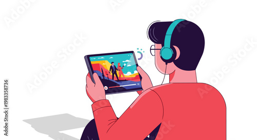 Young Man Watching Video on Tablet with Headphones Illustration