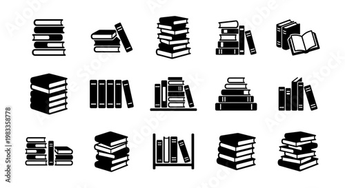 Minimalist book icons set, black and white library symbols, collection of 15 vector book stacks and bookshelf elements for education and literature