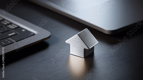 Sleek brushed aluminum home icon beside modern laptop on dark minimalist desk, representing real estate and digital business concept.