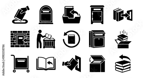 Library book return icons set, 15 black solid vector symbols for book drop and circulation, educational literature management graphics