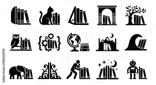 Minimalist bookend icon set, 15 black vector book holder symbols, creative library shelf organization icons for bookstore branding and education