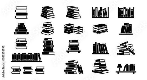 Minimalist book icons set, black and white library symbols, collection of 20 book stack and bookshelf vector illustrations for education and reading