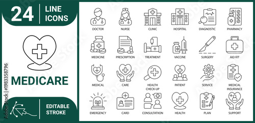 Medicare healthcare editable stroke outline icon set with doctor, nurse, hospital, clinic, prescription, vaccine and insurance vector illustration