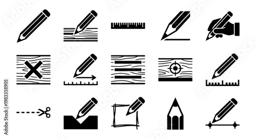 Carpentry pencil and woodworking icons set, 15 black vector symbols for construction and joinery, professional drafting and marking tools