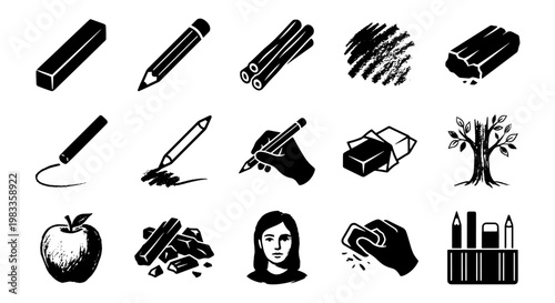 Charcoal drawing icons set, 15 black and white vector elements, artistic sketching tools and school supplies, hand drawn charcoal sticks and pencils