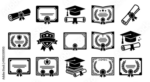 Graduation icons set with 15 black vector elements, diploma scrolls and academic caps, certificate border frames and achievement award symbols