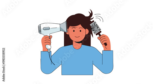 Woman drying and styling her hair with a hairdryer and round brush