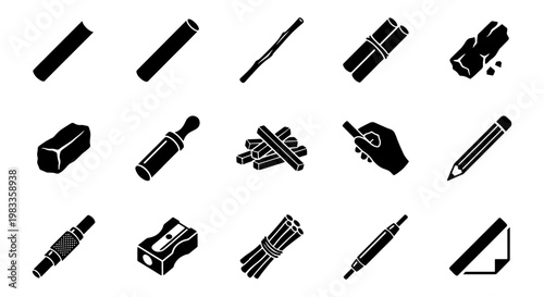 Charcoal drawing tools icon set, 15 black silhouette vector elements for sketching, artist charcoal sticks and pencil sharpener collection
