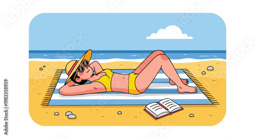 Woman Relaxing on Beach Towel with Book in Summer