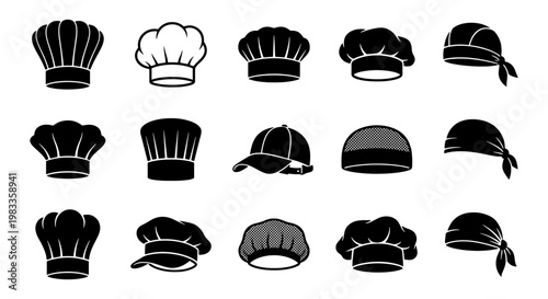 Chef hat icon set with 15 vector elements, professional cook uniform headwear collection, black and white kitchen apparel symbols for restaurant branding