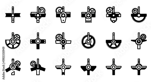 20 black mechanical gear icons, gearwheel symbols, industrial design elements, vector illustrations