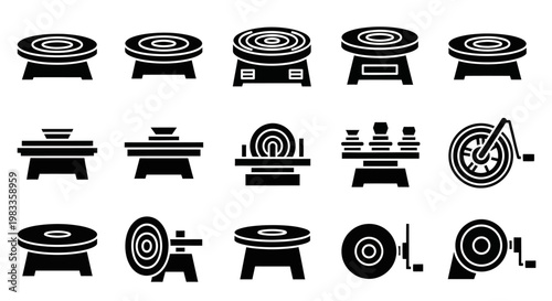 Archery targets, dartboards, and shooting ranges, black icons, vector graphics, 16 symbols
