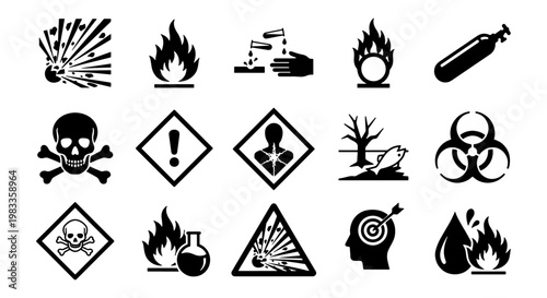 GHS hazard symbols set, industrial safety warning icons, chemical danger signs collection. 15 black vector pictograms for laboratory and workplace security.