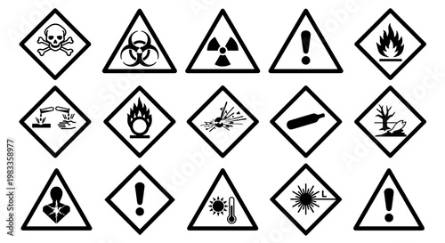 Hazardous material warning signs, set of 15 industrial safety icons, black and white GHS chemical hazard symbols, toxic and flammable vector pictograms
