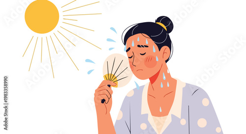 Woman Suffering from Extreme Summer Heat Wave Using Hand Fan