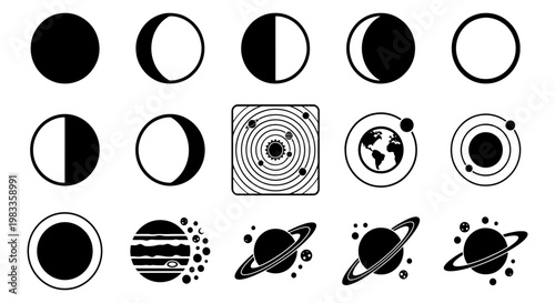 Minimalist moon phases and solar system icons, black and white celestial planet vector set, 15 astronomy symbols for science education