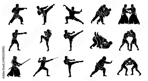 Martial arts silhouette collection, 15 combat sports icons vector set, karate judo and boxing fighter poses, kendo and fencing athletes silhouettes