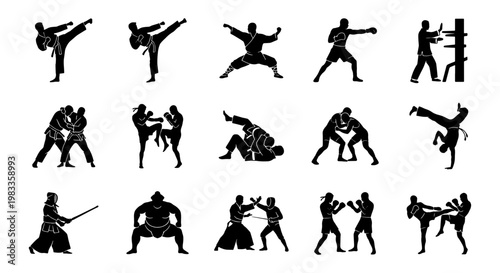 Martial arts silhouettes set of 15 icons, combat sports athletes in action poses, karate and boxing vector elements for gym branding and sports design
