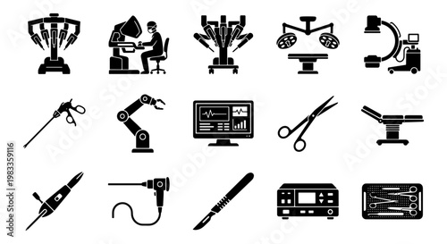 Robotic surgery icons set, 15 black vector elements for high-tech medical procedures, surgical robot and operating room equipment symbols