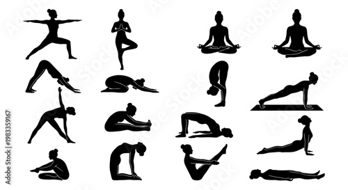 Yoga poses silhouette collection, 16 female yoga asana icons, black vector silhouettes of women practicing fitness and meditation exercises