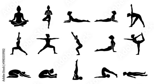 Yoga poses silhouette collection, set of 15 female yoga figures in black, meditation and fitness exercise icons, wellness and stretching vector graphics