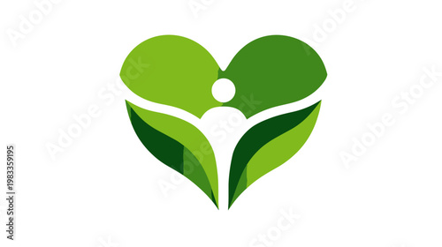 Green heart with a stylized person silhouette and organic leaf shapes symbolizing health, wellness, nature, community, and growth.