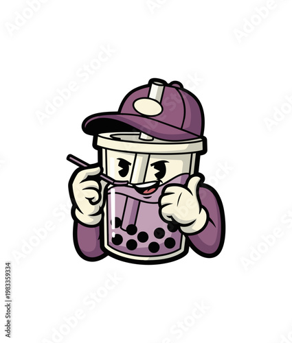 Cartoon boba drink character with cap and sunglasses on black background
