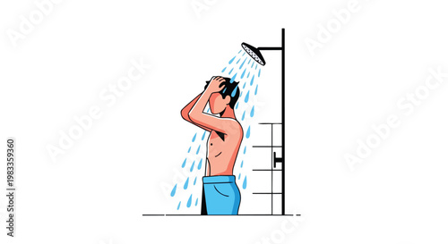 Young man taking a refreshing shower in a minimalist flat illustration style