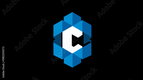Modern geometric letter C initial concept in blue hexagonal abstract design on a black background, digital technology symbol