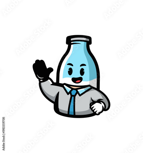 Cartoon illustration of milk bottle character in business attire