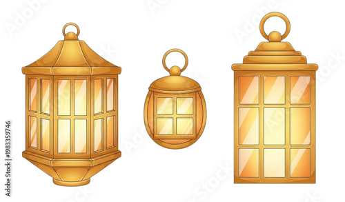 Vector Set of Decorative Lanterns with Glass Panels for Home, Festive, and Light Decoration Designs