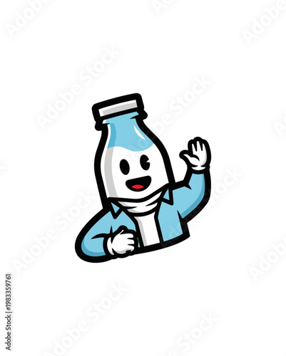 Cartoon milk bottle character greeting with happy expression