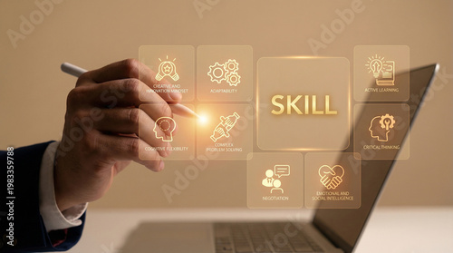 Business professional selecting skill development icon on digital interface with glowing effect