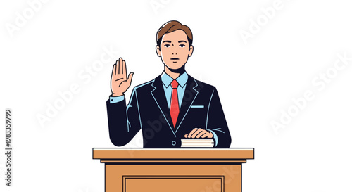 Man in Suit Taking an Oath in Courtroom Illustration