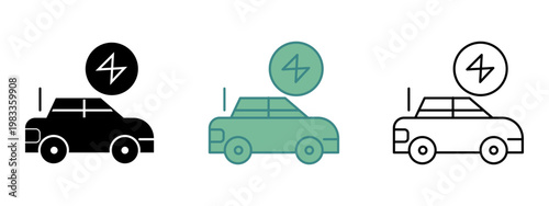 Electric Car and EV Charging Icon Set. 3 style silhouette, line art , two tone icon
