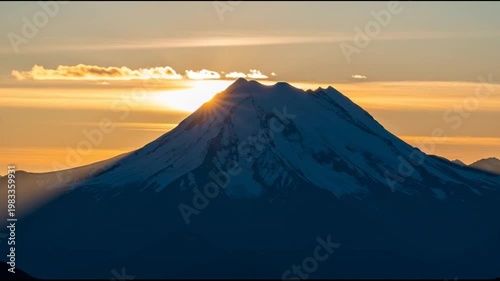 Majestic Mountain Peak Sunrise Golden Hour Sunburst Rays Sky Clouds