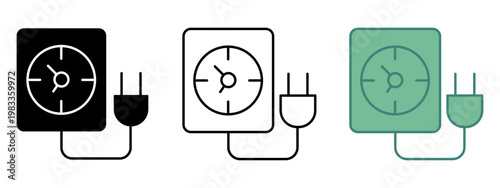 Electric Meter and Plug Icon Set. 3 style silhouette, line art , two tone icon