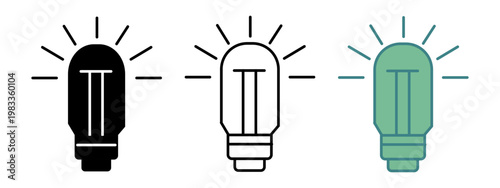 Light Bulb Idea Icon Set. 3 style silhouette, line art , two tone icon