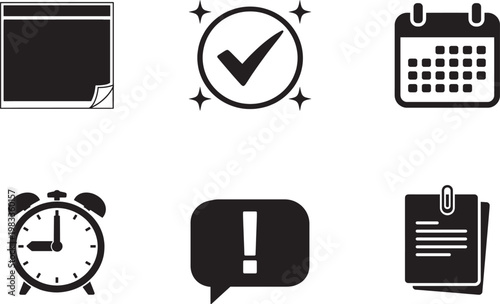 Set of Six Productivity and Office Silhouette Icons Collection, Sticky Note, Checkmark, Calendar, Alarm Clock, Alert Message and Document Black Vector