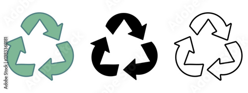 Recycle Symbol Icon Set. 3 style silhouette, line art , two tone icon