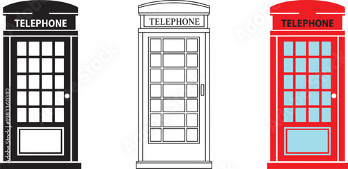 Set of Three Classic British London Red Telephone Box Icons Collection, Black Silhouette, Outline and Colored Vector