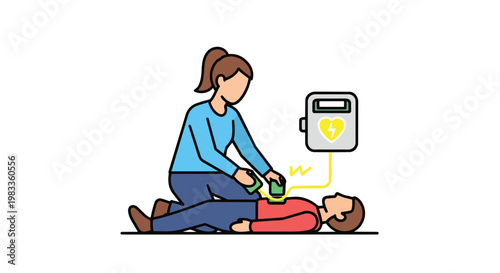 Vector Illustration of First Aid Rescuer Using AED Defibrillator on Patient