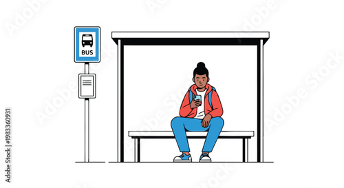 Young Person Waiting at Bus Stop Using Smartphone Illustration