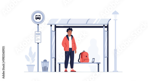 Young man waiting for bus at city stop with backpack illustration