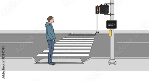 Young Man Waiting at a Pedestrian Crosswalk with Traffic Signal