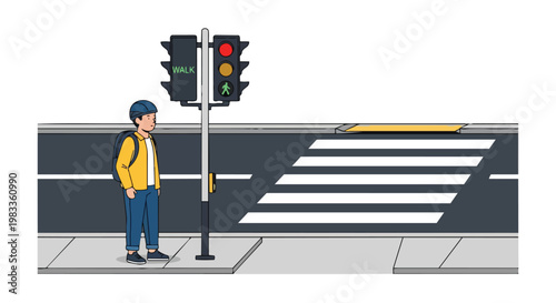 Young man waiting at a pedestrian crosswalk with traffic lights